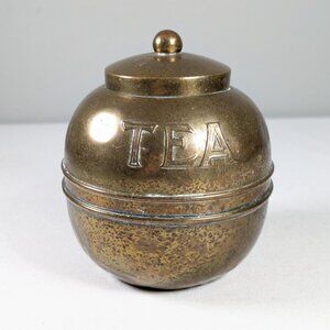 Antique 1920s brass tea caddy, British Empire ball shaped lidded kitchen